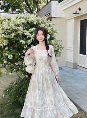 MOBAI默白【花间梦】气质复古长袖连衣裙女春季显瘦印花大摆长裙