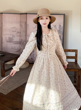 MOBAI自制【山野回信】复古民族风碎花织带连衣裙女秋冬收腰长裙