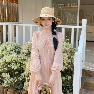 复古刺绣连衣裙女收腰显瘦大摆长裙 法式 MOBAI自制 水色芍药