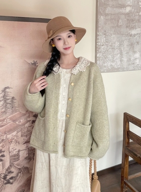 MOBAI默白 温柔奶绿色圆领针织开衫女秋冬宽松外穿软糯毛衣外套