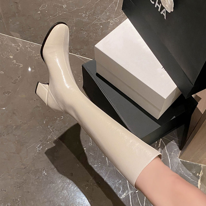 ins王炸！巨显瘦~真皮方头骑士靴女高跟长筒靴不过膝高筒女靴