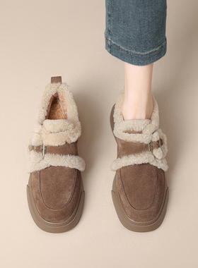 Diao'er 小暖炉~！真皮羊羔毛复古勃肯鞋女毛毛鞋加绒厚底乐福鞋