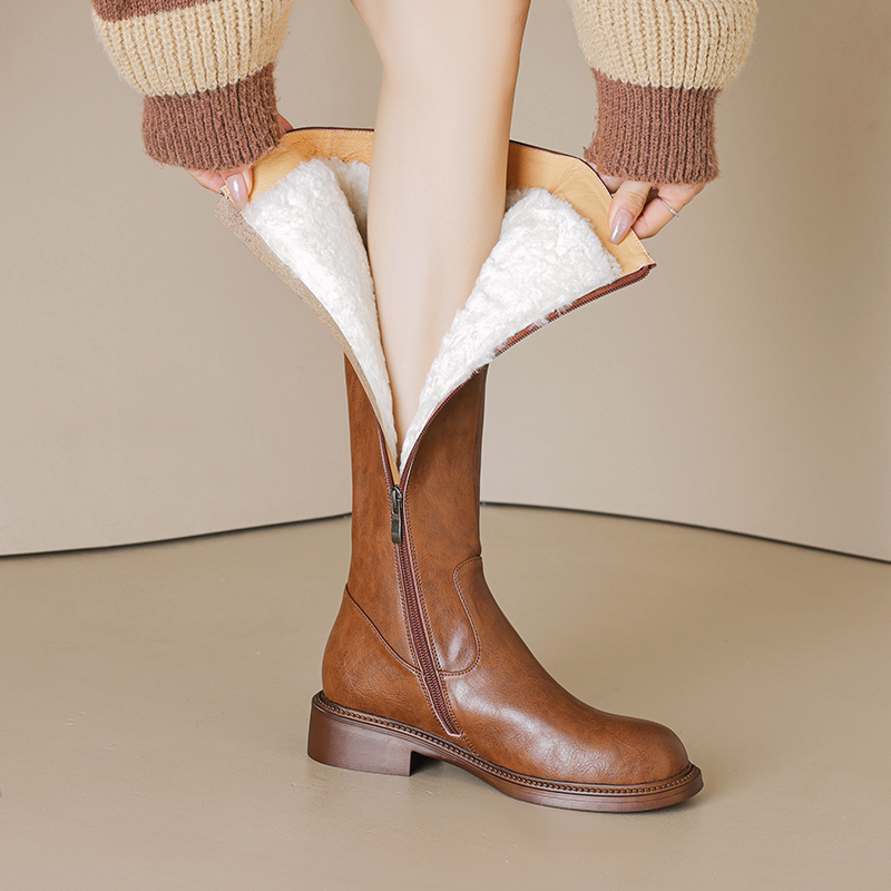 中跟不过膝长靴女皮毛一体雪地靴女款冬季东北羊毛保暖真皮长筒靴