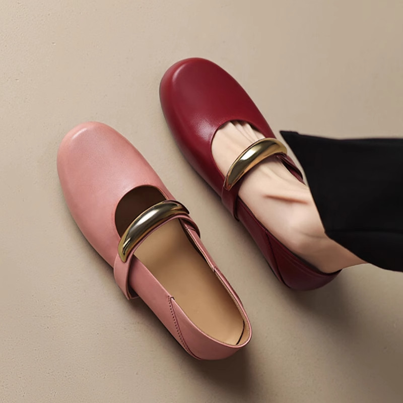 法式粉色软皮真皮平底玛丽珍鞋女2025年新款春夏浅口圆头红色单鞋