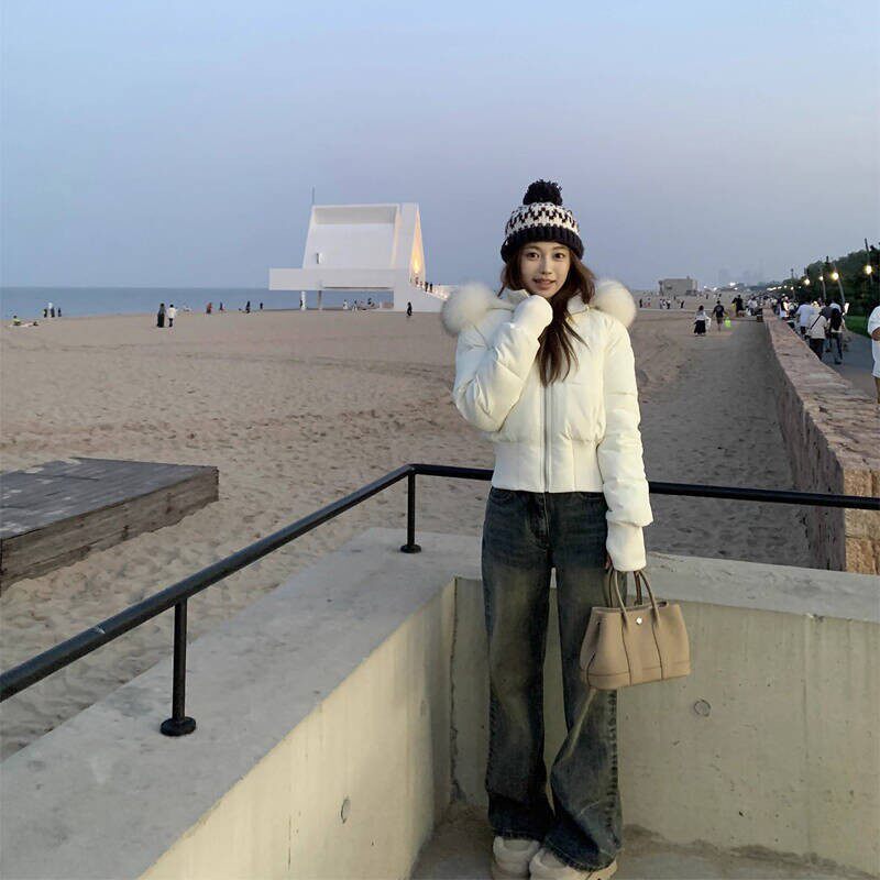 2025年新款韩女日记 可拆大毛领 绒内胆收腰时尚气质白鸭绒羽绒服