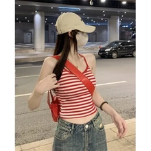 上衣辣妹交叉小吊带背心红色夏条纹短款带胸垫性感女内搭新款撞色