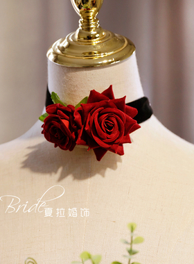 夏拉布花绒布女复古花朵颈链