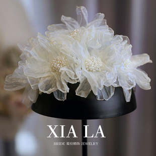 夏拉原创设计款 奶杏烫边纱花瓣新娘头饰皇冠发箍日韩甜美婚纱配饰