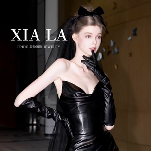 夏拉原创手工款个性复古黑丝绒蝴蝶结新娘头饰发夹两用高级感头纱
