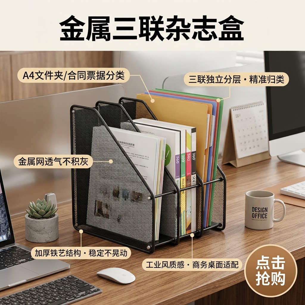 桌面办公金属书架夹9197联杂志盒架文件框三档铁质资料座A4文件夹