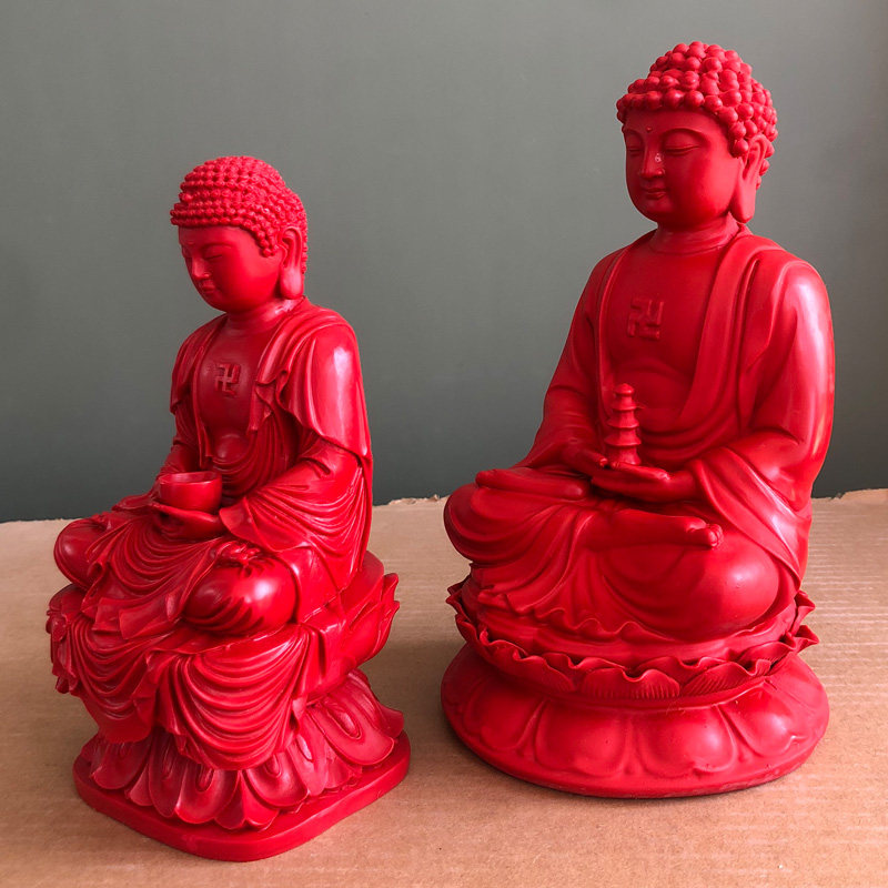 中国红朱砂释迦摩尼坐佛摆件药师佛像托塔莲花佛供奉家居摆饰如来