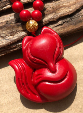 天然朱砂狐狸吊坠 女款项链本命年饰品狐娘娘桃花玉坠子红色阿狸