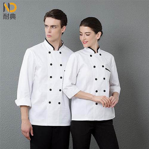 厨师服装领口包边双排扣设计酒店饭店餐饮厨师服工作服白色3X