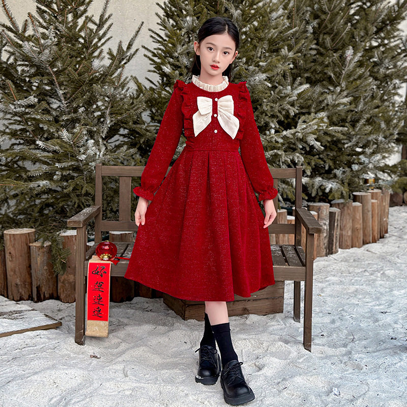 女童秋冬季新款气质红色拜年服连衣裙儿童女孩时尚公主风礼服裙子