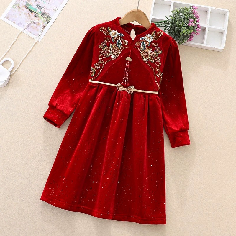 女童长袖连衣裙秋冬新款小女孩公主裙花童婚礼中大童红色新年礼服