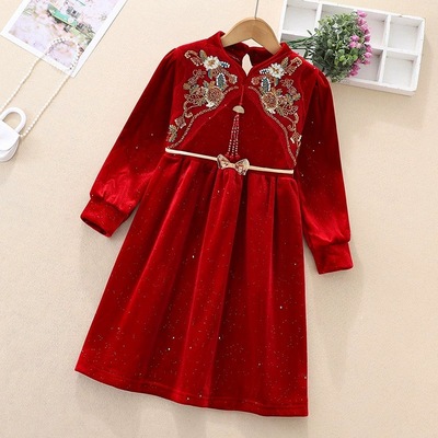 女童长袖连衣裙秋冬新款小女孩公主裙花童婚礼中大童红色新年礼服