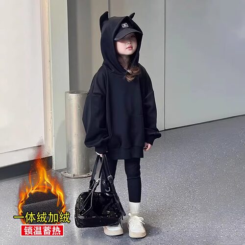 DULAN秋冬款热销榜女童黑色系连帽长袖衫上学中大童柔软保暖卫衣
