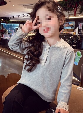 女童长袖上衣春装洋气儿童蕾丝连帽T恤小女孩休闲打底衫0192A079