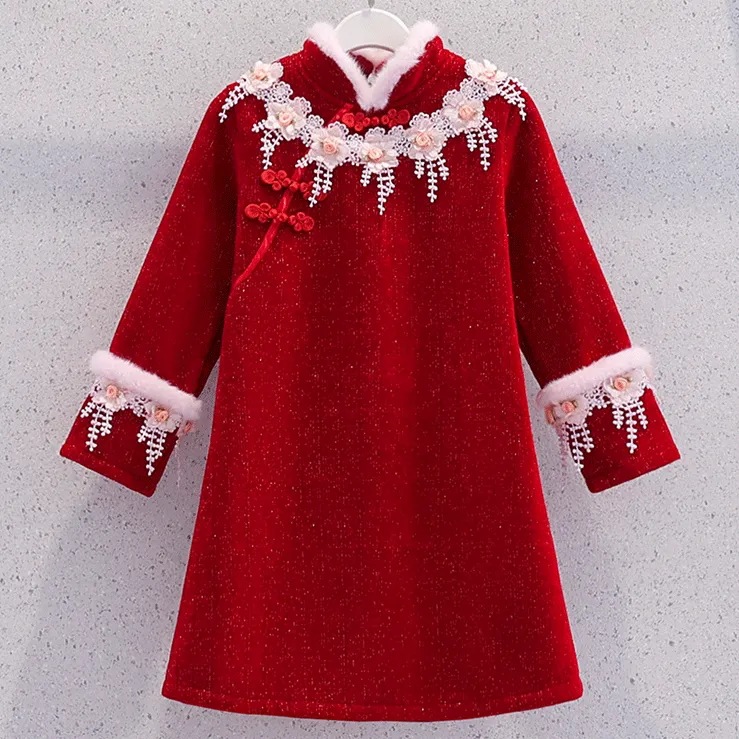 红色新年旗袍裙女童秋冬连衣裙新款中大童新中式礼服小女孩公主裙