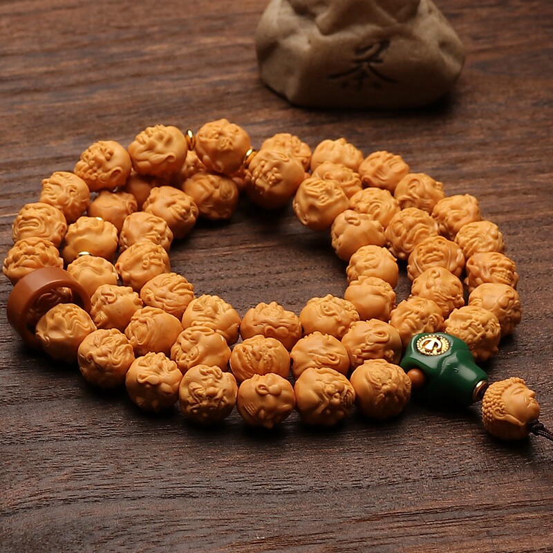 龙纹桃核姜黄皮54颗108颗长串脖挂十八罗汉佛珠双面雕刻文玩菩提