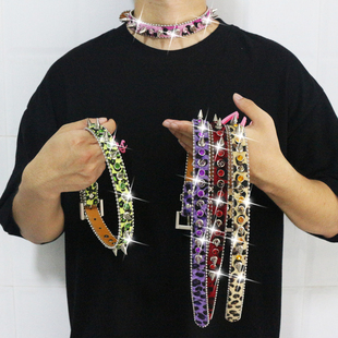 choker朋克铆钉皮革项圈 嘻哈说唱Rapper水钻铆钉项圈y2k网红项链