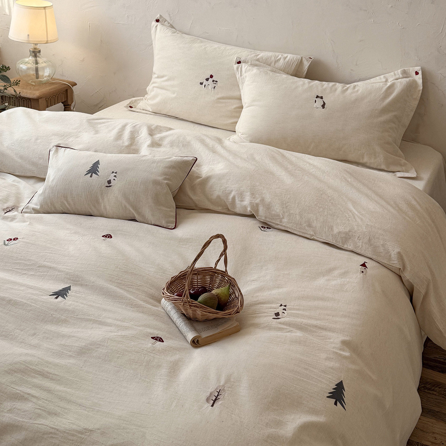 无印良品复古侘寂风色织棉麻刺绣四件套 小清新简约棉麻床上用品