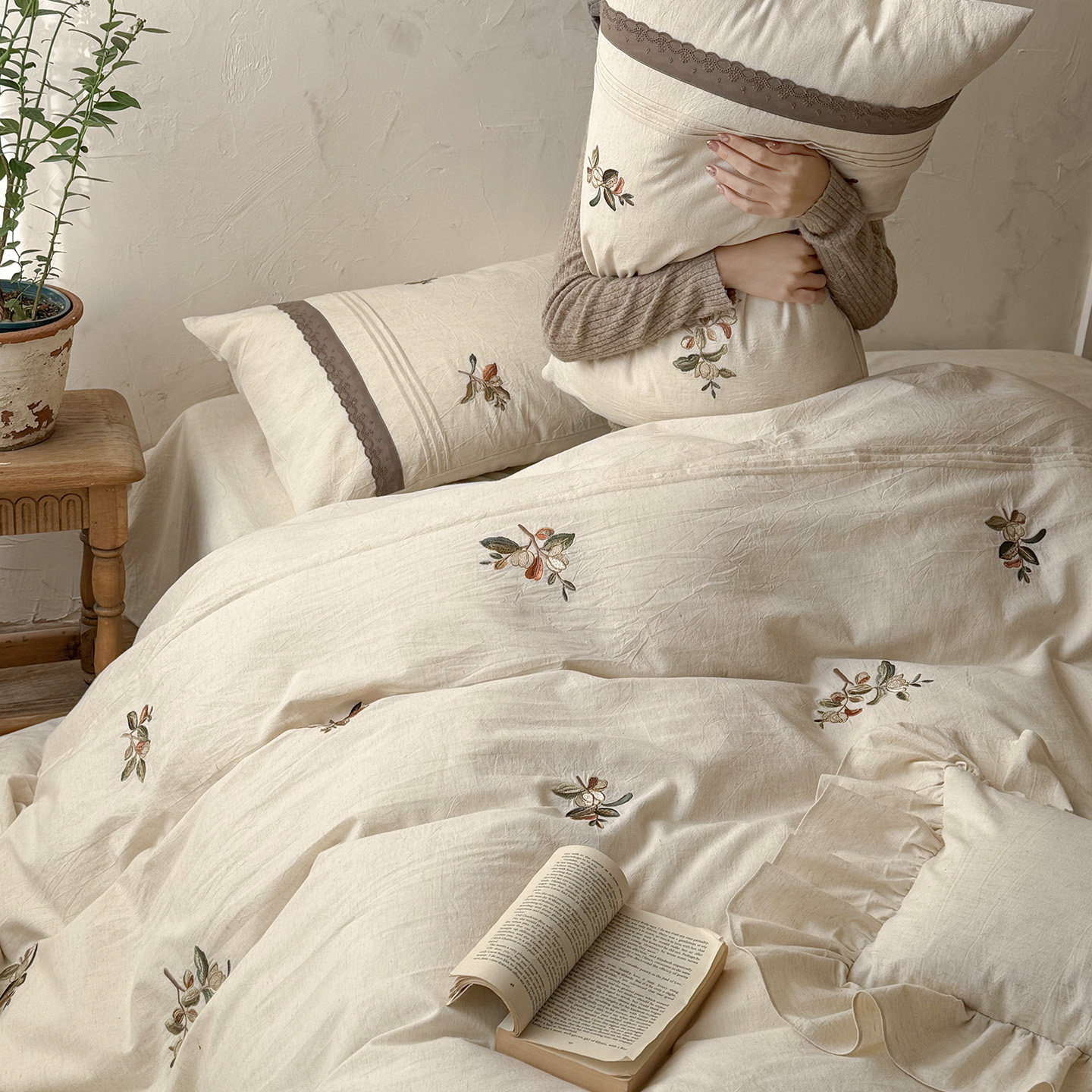 无印良品复古侘寂风色织棉麻刺绣四件套 民宿风透气棉麻床上用品,床上用品,床品套件/四件套/多件套,淘宝优惠券,粉丝福利购,淘宝优惠卷