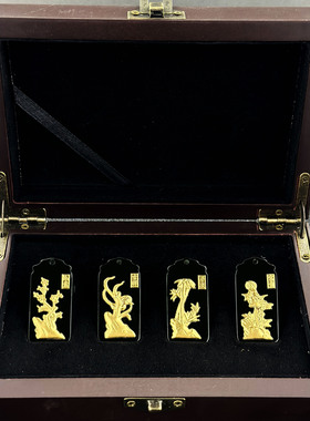 新中式梅兰竹菊金镶玉吊坠和田墨玉花朵挂件木盒套装商务会销礼品