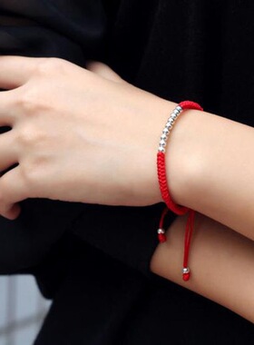 925足银红绳手链本命年转运珠圆珠手工DIY编织情侣手绳礼物随手礼
