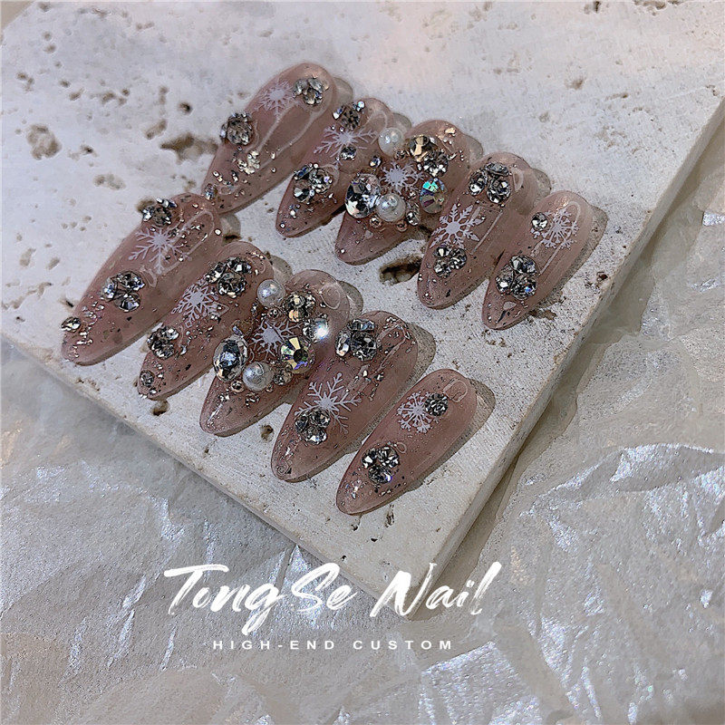 铜色网红圣诞雪花款爆款中长款穿戴甲新款指甲贴片美甲成品甲片女