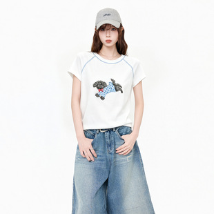 白色圆领正肩撞色短袖T恤女2026年夏季新款印花宽松显瘦短款上衣