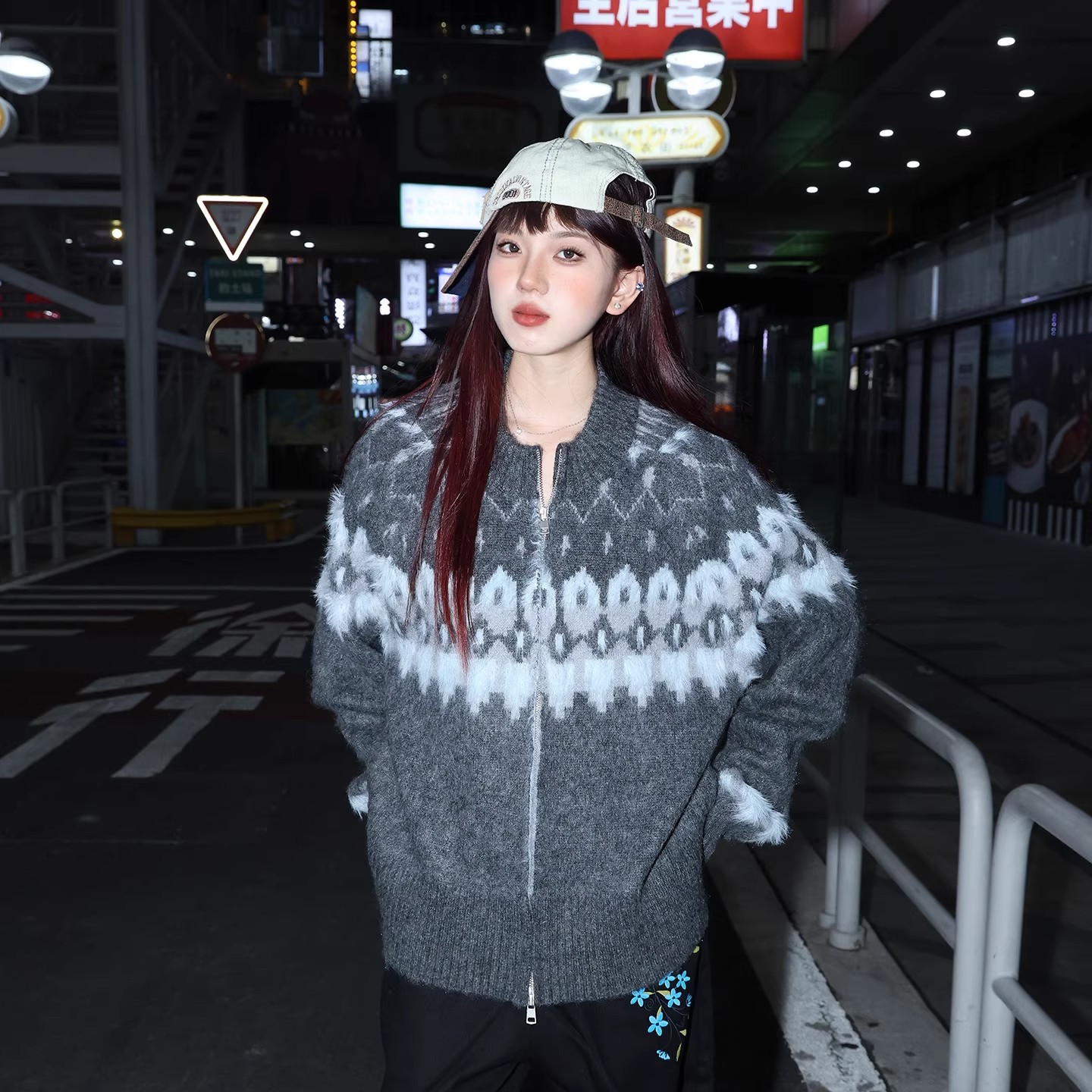 美式复古仿海马毛拉链针织衫男女秋冬季新款情侣宽松开衫毛衣潮流