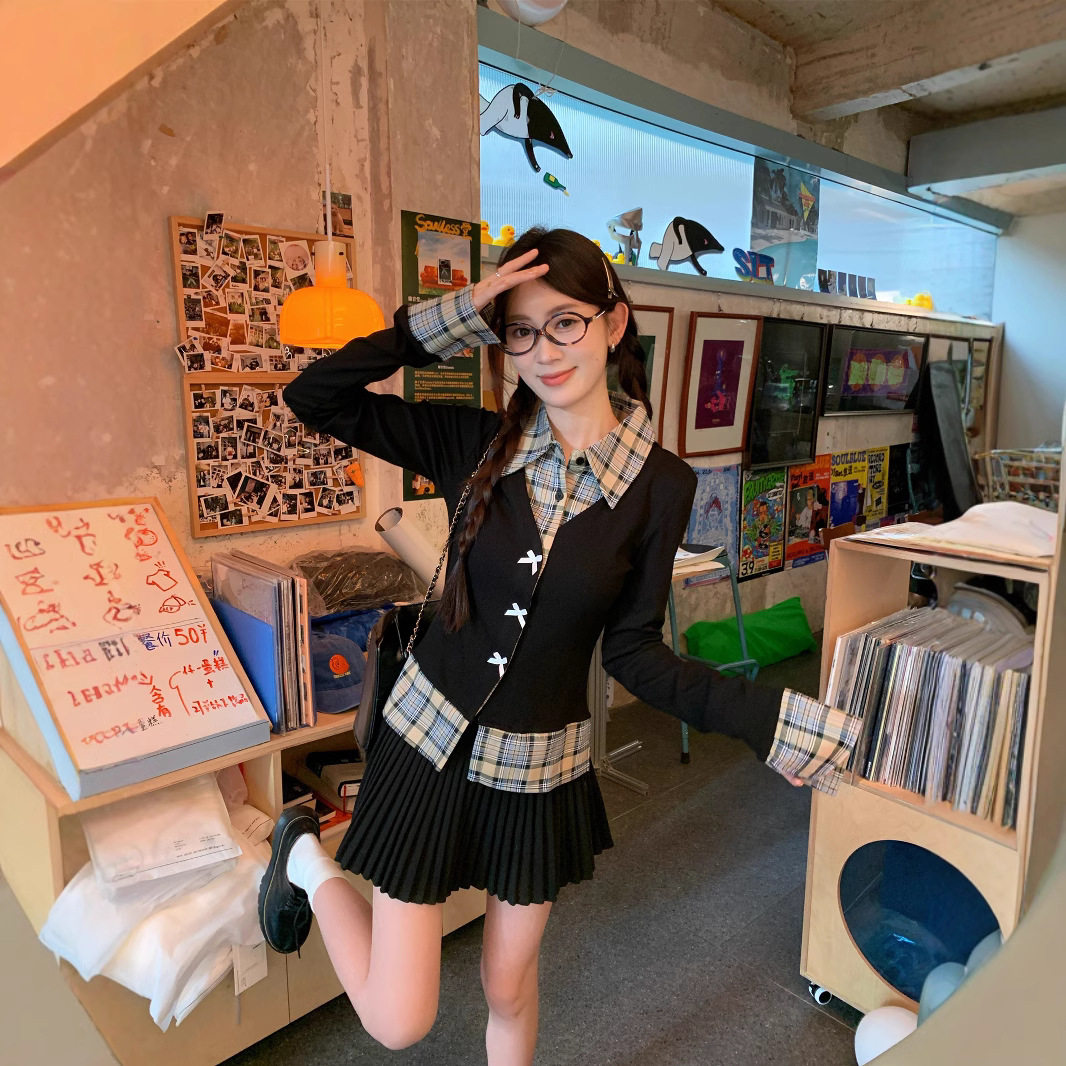 甜辣风蝴蝶结长袖衬衫女秋冬季新款韩系假两件修身拼接格子上衣潮