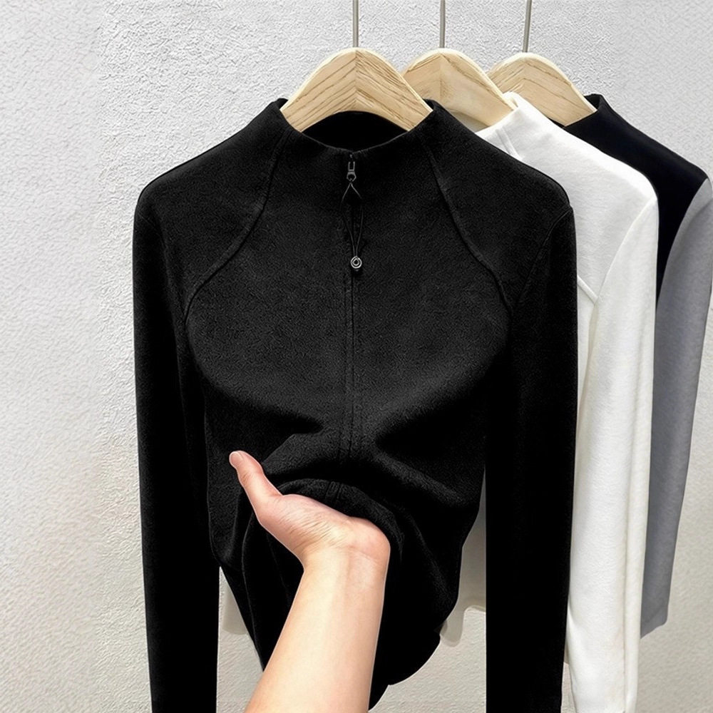 半高领德绒秋冬打底衫女2025新款秋季双拉链开衫外套修身卫衣内搭