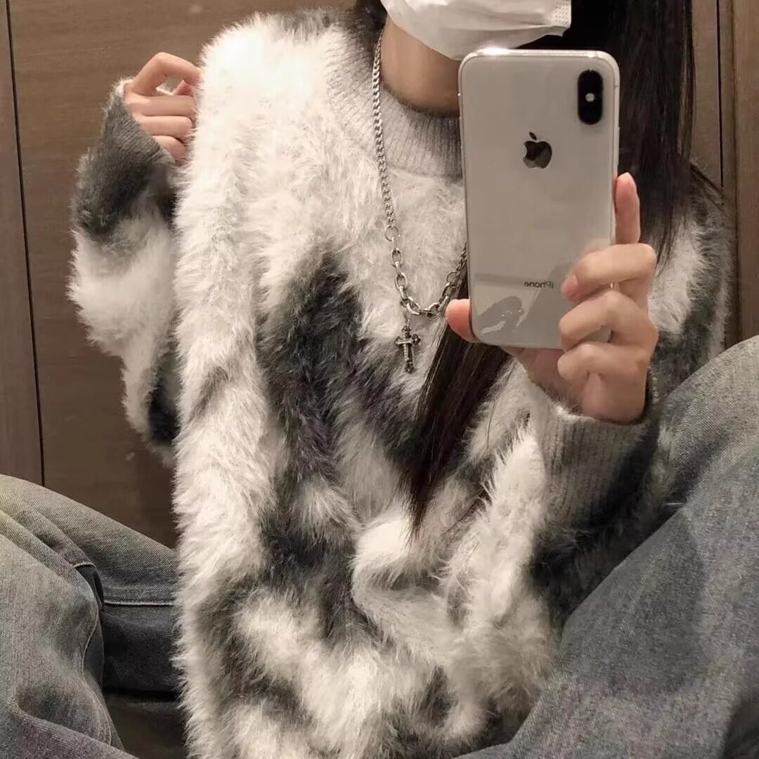 慵懒撞色水貂绒套头毛衣女冬季新款韩版宽松加厚针织衫