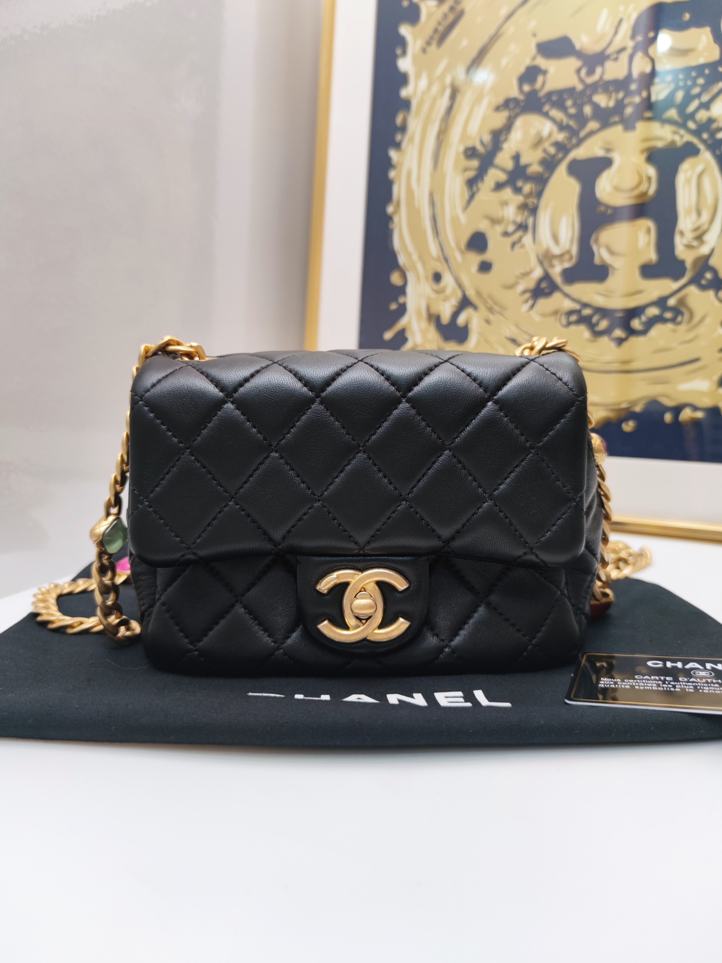 Chanel/香奈儿包包99新方胖子黑金 灭霸 彩宝链条单肩包 镭射31开