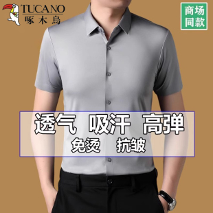 2024新款 啄木鸟桑蚕丝短袖 冰丝衬衣男装 男夏季 商务休闲上衣 衬衫