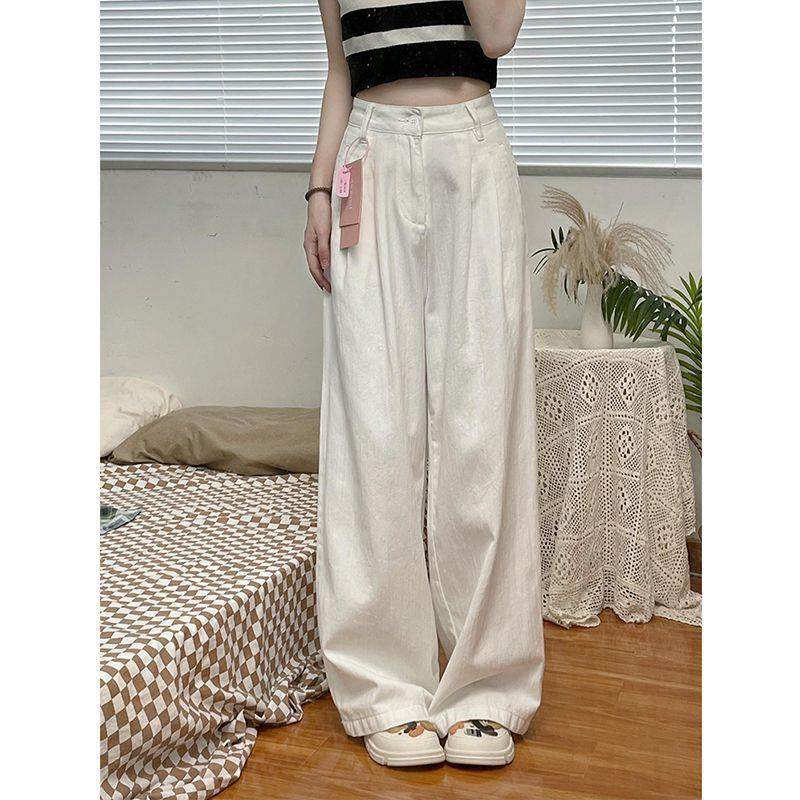 白色阔腿牛仔裤女2026新款高腰显瘦宽松褶皱垂感美式高级感直筒裤