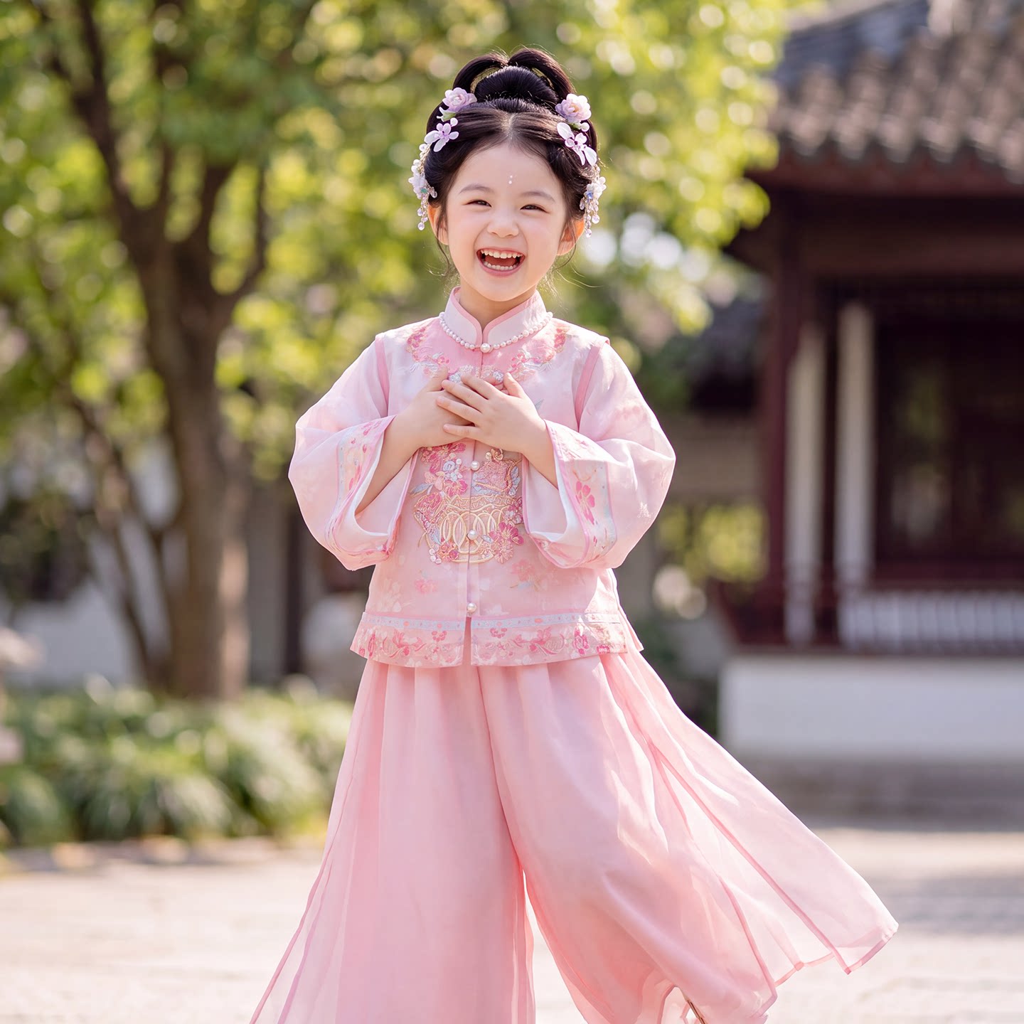 旗铂汉服女童春秋中式粉色两件套图片