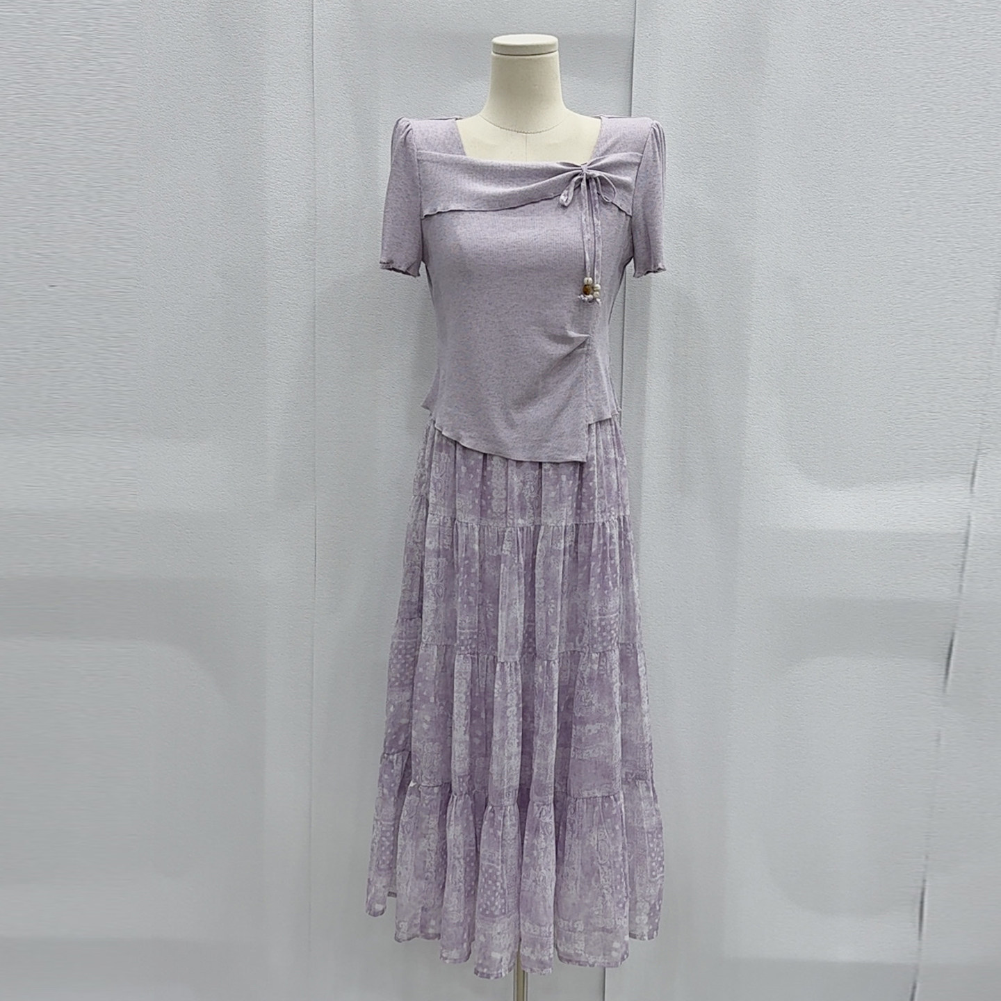 方领上衣+印花半身裙两件套女夏法式温柔风气质显瘦穿搭时尚套装