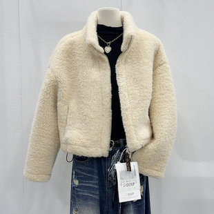 立领仿羊驼绒外套女短款冬季韩系时尚休闲小个子保暖皮毛一体上衣