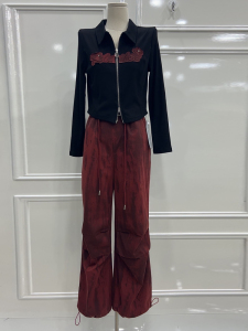 扎染阔腿工装裤两件套女秋韩版休闲欧货双拉链上衣+长裤时尚套装