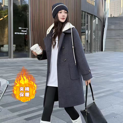 可拆卸帽夹棉毛呢外套女中长款冬