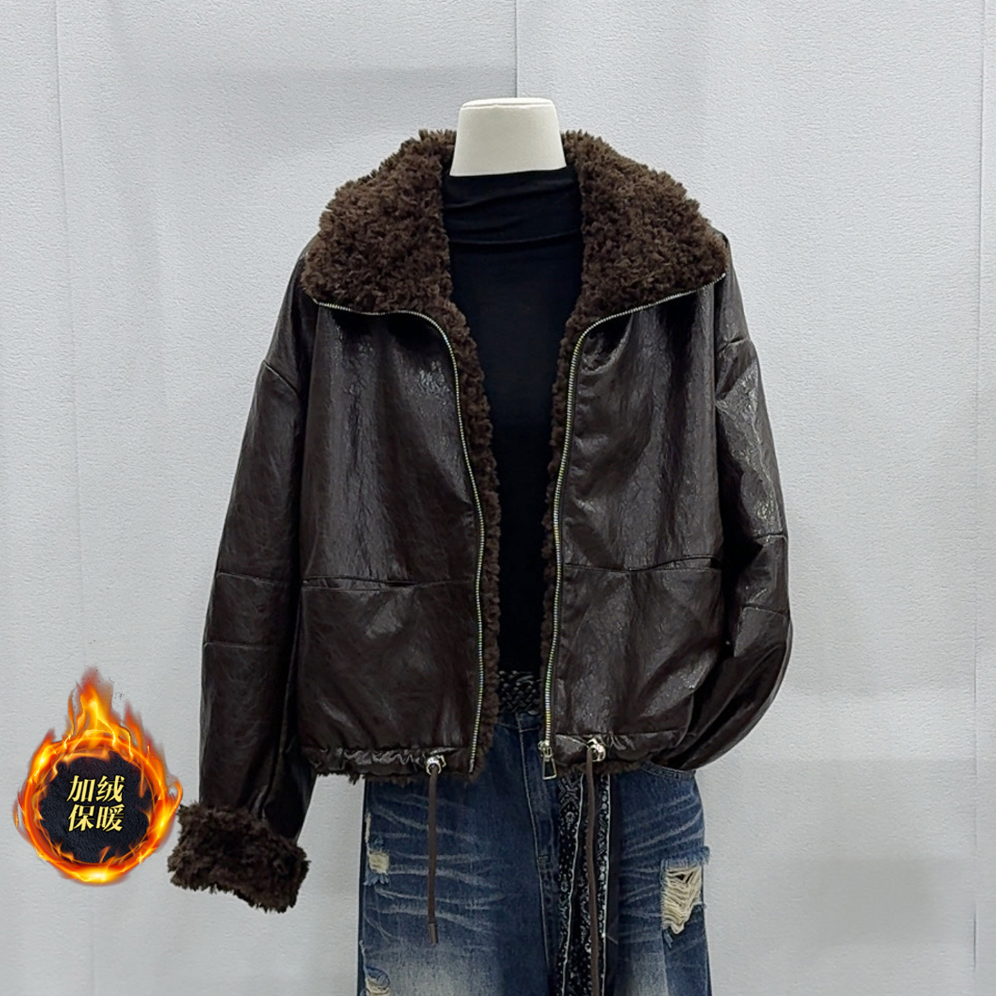 PU油蜡皮加绒外套女冬季机车服