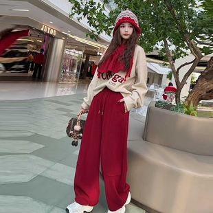 围巾刺绣卫衣+阔腿裤三件套女春韩系宽松休闲减龄设计感时尚套装