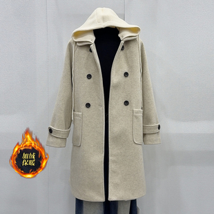 可拆卸帽加绒毛呢外套女中长款冬季韩系时尚气质显瘦加厚呢子大衣