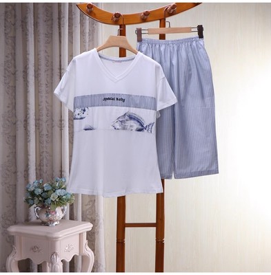 去标折扣女士短袖中裤睡衣夏季套头套装莫代尔卡通条纹印花家居服