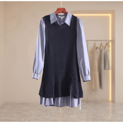 拉谷g品牌折扣25秋冬新款韩版翻领学院风裙+软糯背心两件套连衣裙