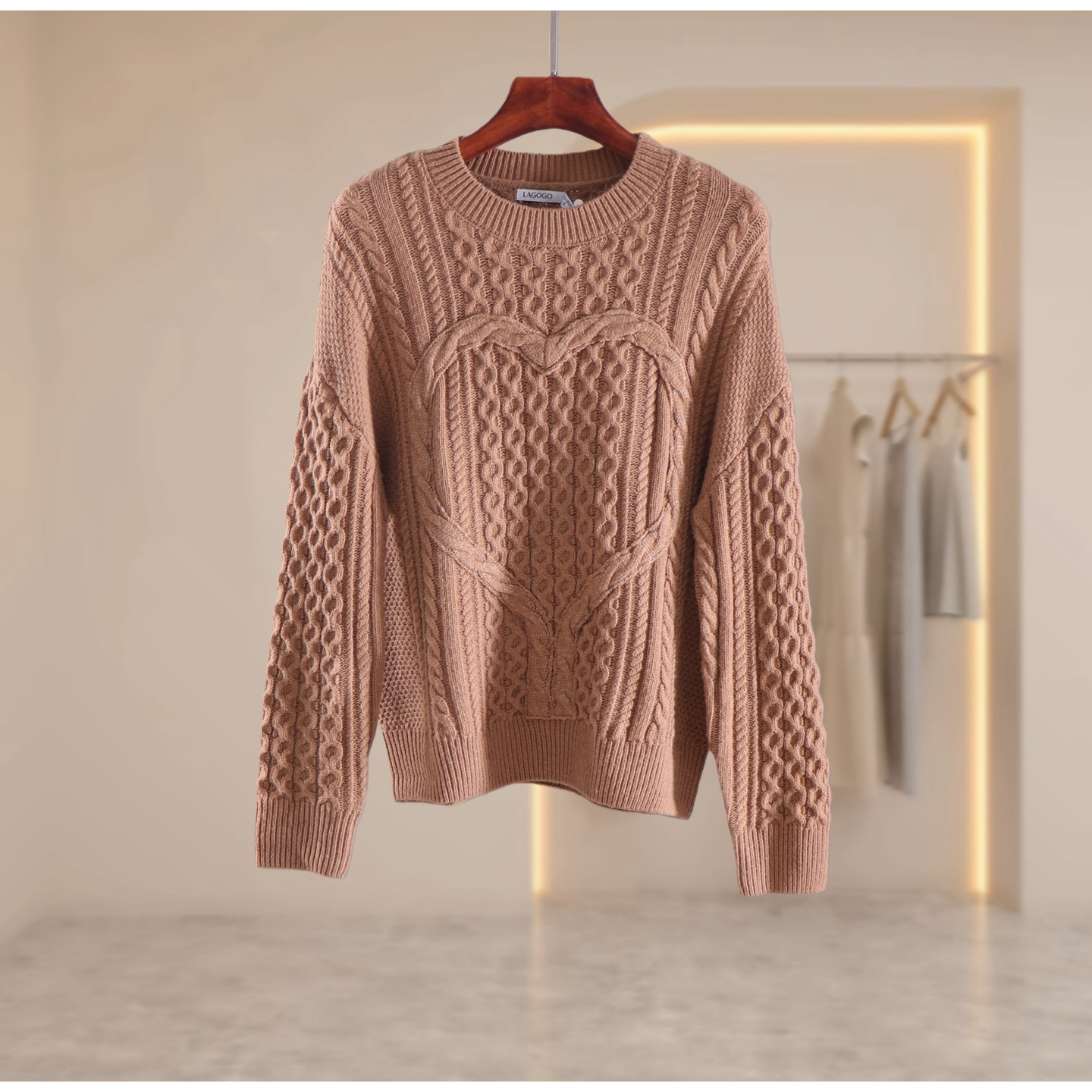 拉谷g品牌折扣麻花爱心毛衣女秋冬装宽松慵懒风针织衫绵羊毛衣