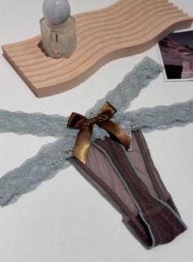 [M Z] 欧美风性感拼色蕾丝丁字裤女低腰微透网纱蝴蝶结三角内裤